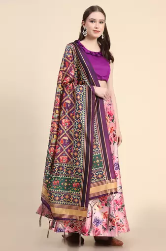 Violet Digital Floral Print Satin Silk Fabric Semistitched Lehenga Choli With Jequared Unstitched Blouse with Dupatta