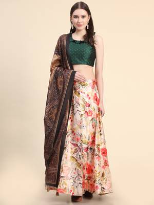 Green Digital Floral Print Satin Silk Fabric Semistitched Lehenga Choli With Jequared Unstitched Blouse with Dupatta 1