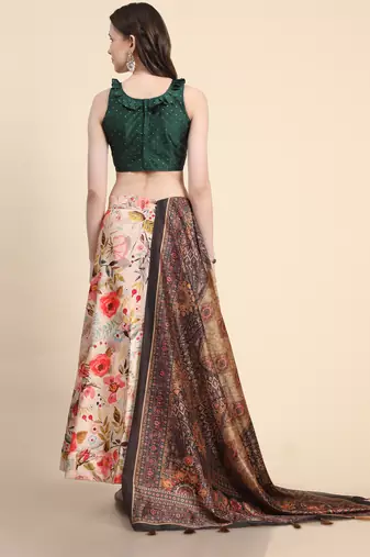 Green Digital Floral Print Satin Silk Fabric Semistitched Lehenga Choli With Jequared Unstitched Blouse with Dupatta