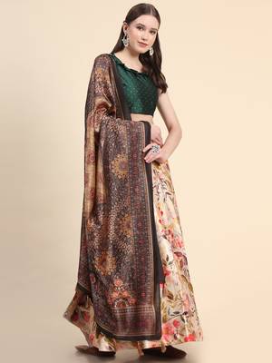 Green Digital Floral Print Satin Silk Fabric Semistitched Lehenga Choli With Jequared Unstitched Blouse with Dupatta 3