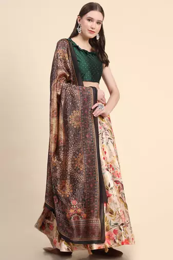 Green Digital Floral Print Satin Silk Fabric Semistitched Lehenga Choli With Jequared Unstitched Blouse with Dupatta