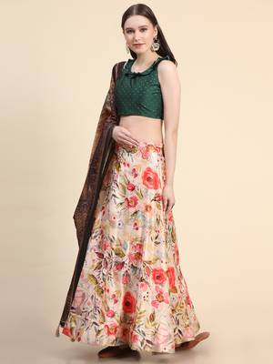 Green Digital Floral Print Satin Silk Fabric Semistitched Lehenga Choli With Jequared Unstitched Blouse with Dupatta 4