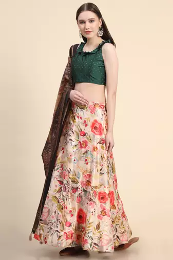 Green Digital Floral Print Satin Silk Fabric Semistitched Lehenga Choli With Jequared Unstitched Blouse with Dupatta