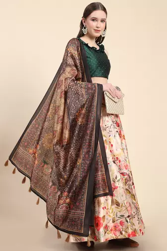 Green Digital Floral Print Satin Silk Fabric Semistitched Lehenga Choli With Jequared Unstitched Blouse with Dupatta