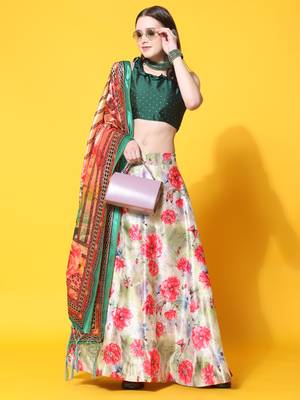 Green Digital Floral Print Satin Silk Fabric Semistitched Lehenga Choli With Jequared Unstitched Blouse with Dupatta 1