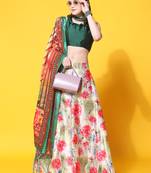 Green Digital Floral Print Satin Silk Fabric Semistitched Lehenga Choli With Jequared Unstitched Blouse with Dupatta