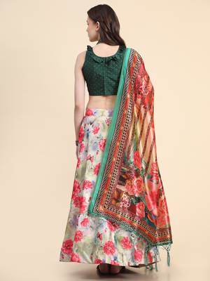Green Digital Floral Print Satin Silk Fabric Semistitched Lehenga Choli With Jequared Unstitched Blouse with Dupatta 2