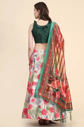 Green Digital Floral Print Satin Silk Fabric Semistitched Lehenga Choli With Jequared Unstitched Blouse with Dupatta