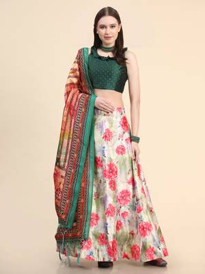 Green Digital Floral Print Satin Silk Fabric Semistitched Lehenga Choli With Jequared Unstitched Blouse with Dupatta 3