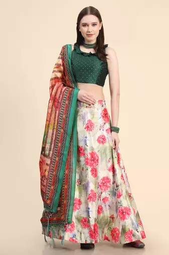 Green Digital Floral Print Satin Silk Fabric Semistitched Lehenga Choli With Jequared Unstitched Blouse with Dupatta