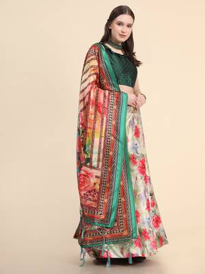 Green Digital Floral Print Satin Silk Fabric Semistitched Lehenga Choli With Jequared Unstitched Blouse with Dupatta 4