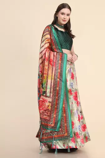 Green Digital Floral Print Satin Silk Fabric Semistitched Lehenga Choli With Jequared Unstitched Blouse with Dupatta