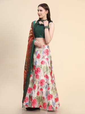 Green Digital Floral Print Satin Silk Fabric Semistitched Lehenga Choli With Jequared Unstitched Blouse with Dupatta 5