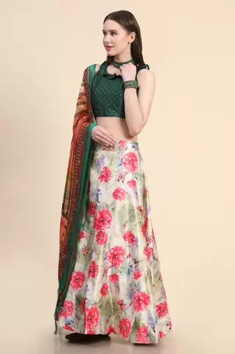 Green Digital Floral Print Satin Silk Fabric Semistitched Lehenga Choli With Jequared Unstitched Blouse with Dupatta