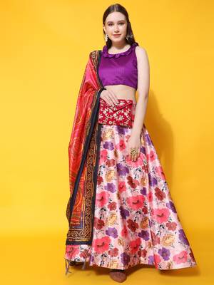 Violet Digital Floral Print Satin Silk Fabric Semistitched Lehenga Choli With Jequared Unstitched Blouse with Dupatta 1