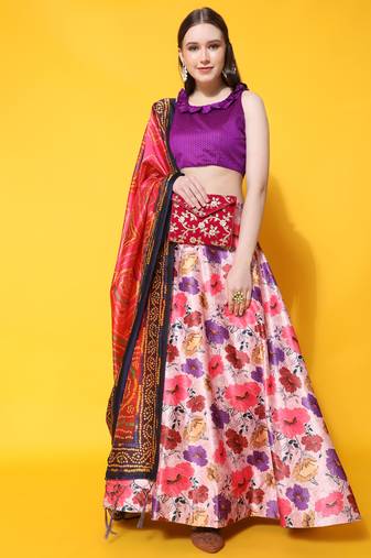 Violet Digital Floral Print Satin Silk Fabric Semistitched Lehenga Choli With Jequared Unstitched Blouse with Dupatta