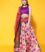 Violet Digital Floral Print Satin Silk Fabric Semistitched Lehenga Choli With Jequared Unstitched Blouse with Dupatta