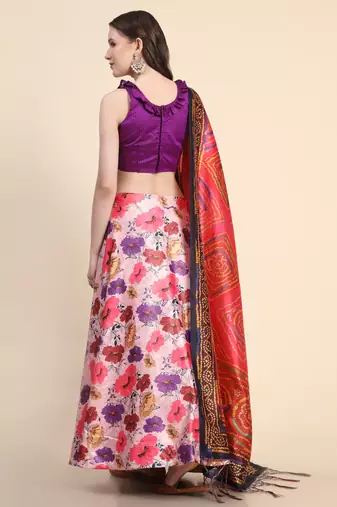 Violet Digital Floral Print Satin Silk Fabric Semistitched Lehenga Choli With Jequared Unstitched Blouse with Dupatta
