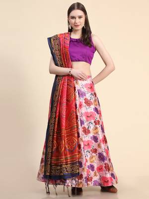 Violet Digital Floral Print Satin Silk Fabric Semistitched Lehenga Choli With Jequared Unstitched Blouse with Dupatta 3