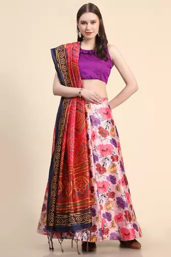 Violet Digital Floral Print Satin Silk Fabric Semistitched Lehenga Choli With Jequared Unstitched Blouse with Dupatta