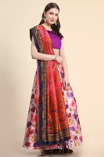 Violet Digital Floral Print Satin Silk Fabric Semistitched Lehenga Choli With Jequared Unstitched Blouse with Dupatta