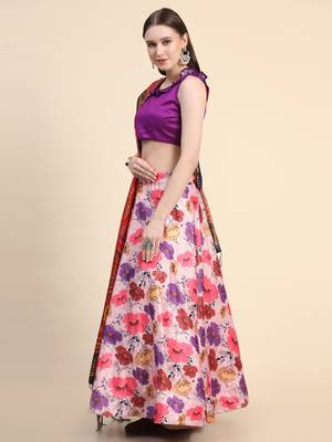 Violet Digital Floral Print Satin Silk Fabric Semistitched Lehenga Choli With Jequared Unstitched Blouse with Dupatta 5