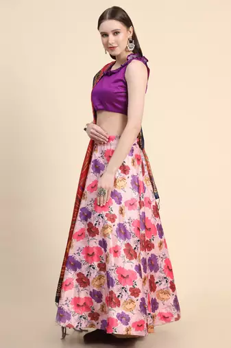 Violet Digital Floral Print Satin Silk Fabric Semistitched Lehenga Choli With Jequared Unstitched Blouse with Dupatta