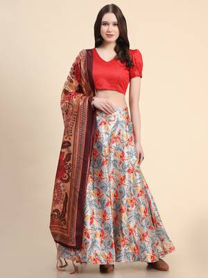 Orange Digital Floral Print Satin Silk Fabric Semistitched Lehenga Choli With Jequared Unstitched Blouse with Dupatta 1