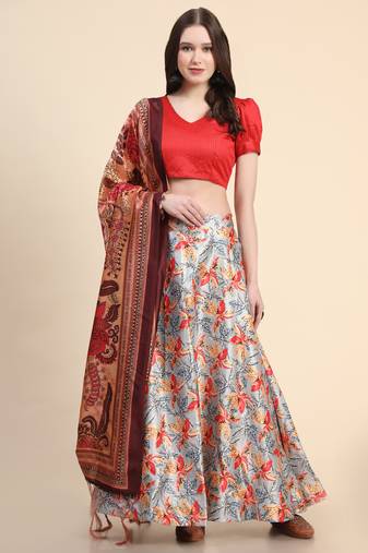 Orange Digital Floral Print Satin Silk Fabric Semistitched Lehenga Choli With Jequared Unstitched Blouse with Dupatta