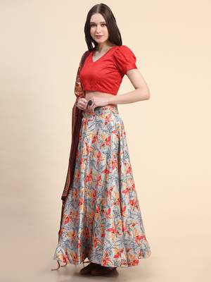 Orange Digital Floral Print Satin Silk Fabric Semistitched Lehenga Choli With Jequared Unstitched Blouse with Dupatta 2