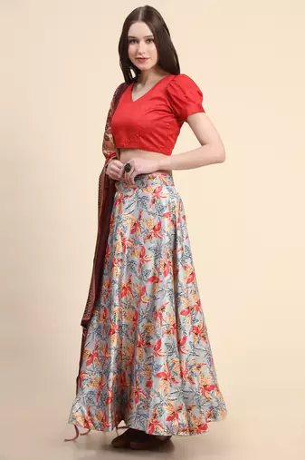 Orange Digital Floral Print Satin Silk Fabric Semistitched Lehenga Choli With Jequared Unstitched Blouse with Dupatta