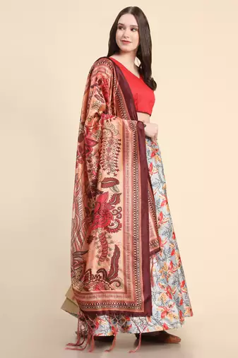 Orange Digital Floral Print Satin Silk Fabric Semistitched Lehenga Choli With Jequared Unstitched Blouse with Dupatta