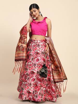 Pink Digital Floral Print Satin Silk Fabric Semistitched Lehenga Choli With Jequared Unstitched Blouse with Dupatta 1