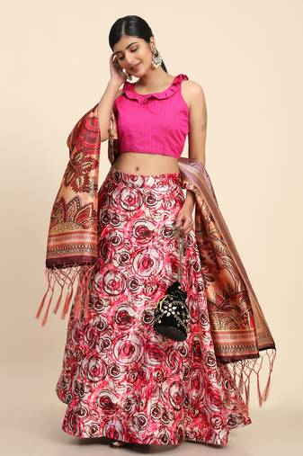 Pink Digital Floral Print Satin Silk Fabric Semistitched Lehenga Choli With Jequared Unstitched Blouse with Dupatta