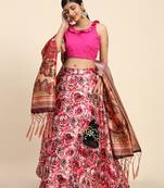 Pink Digital Floral Print Satin Silk Fabric Semistitched Lehenga Choli With Jequared Unstitched Blouse with Dupatta