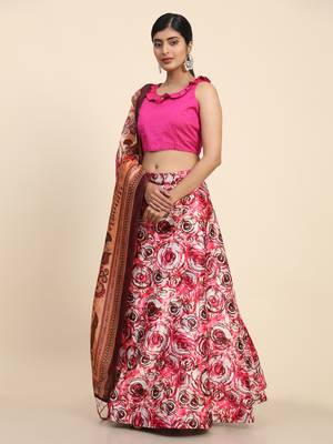 Pink Digital Floral Print Satin Silk Fabric Semistitched Lehenga Choli With Jequared Unstitched Blouse with Dupatta 2