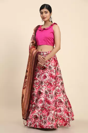 Pink Digital Floral Print Satin Silk Fabric Semistitched Lehenga Choli With Jequared Unstitched Blouse with Dupatta