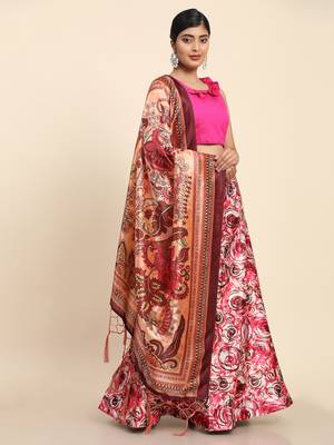 Pink Digital Floral Print Satin Silk Fabric Semistitched Lehenga Choli With Jequared Unstitched Blouse with Dupatta 3