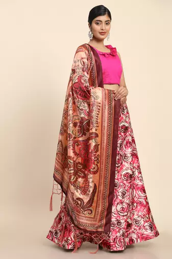 Pink Digital Floral Print Satin Silk Fabric Semistitched Lehenga Choli With Jequared Unstitched Blouse with Dupatta