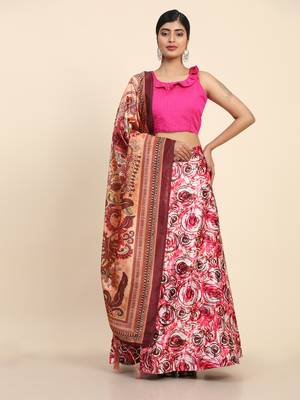 Pink Digital Floral Print Satin Silk Fabric Semistitched Lehenga Choli With Jequared Unstitched Blouse with Dupatta 4