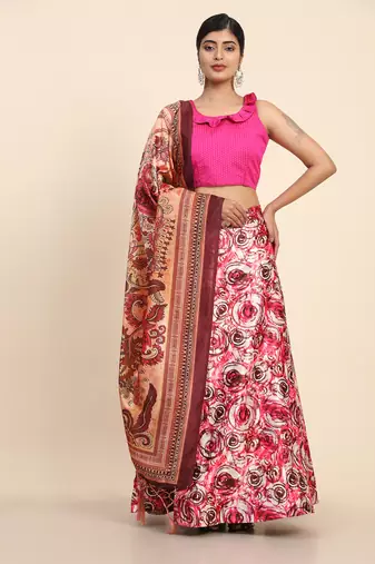 Pink Digital Floral Print Satin Silk Fabric Semistitched Lehenga Choli With Jequared Unstitched Blouse with Dupatta