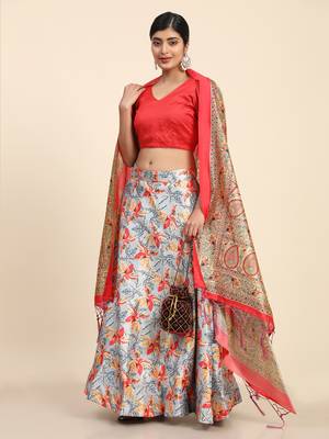Orange Digital Floral Print Satin Silk Fabric Semistitched Lehenga Choli With Jequared Unstitched Blouse with Dupatta 1