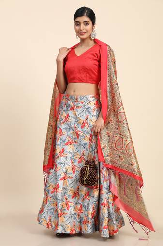 Orange Digital Floral Print Satin Silk Fabric Semistitched Lehenga Choli With Jequared Unstitched Blouse with Dupatta
