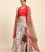 Orange Digital Floral Print Satin Silk Fabric Semistitched Lehenga Choli With Jequared Unstitched Blouse with Dupatta