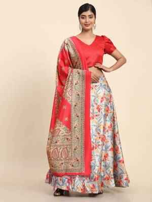 Orange Digital Floral Print Satin Silk Fabric Semistitched Lehenga Choli With Jequared Unstitched Blouse with Dupatta 2
