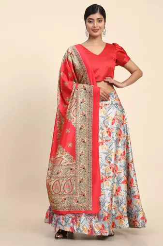 Orange Digital Floral Print Satin Silk Fabric Semistitched Lehenga Choli With Jequared Unstitched Blouse with Dupatta