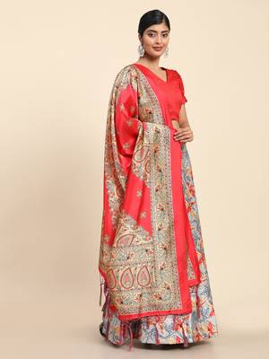Orange Digital Floral Print Satin Silk Fabric Semistitched Lehenga Choli With Jequared Unstitched Blouse with Dupatta 3