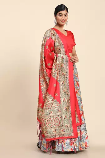 Orange Digital Floral Print Satin Silk Fabric Semistitched Lehenga Choli With Jequared Unstitched Blouse with Dupatta