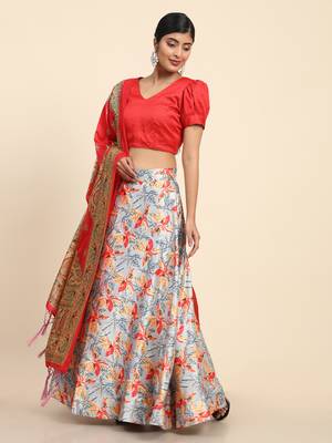 Orange Digital Floral Print Satin Silk Fabric Semistitched Lehenga Choli With Jequared Unstitched Blouse with Dupatta 4