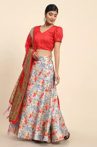 Orange Digital Floral Print Satin Silk Fabric Semistitched Lehenga Choli With Jequared Unstitched Blouse with Dupatta